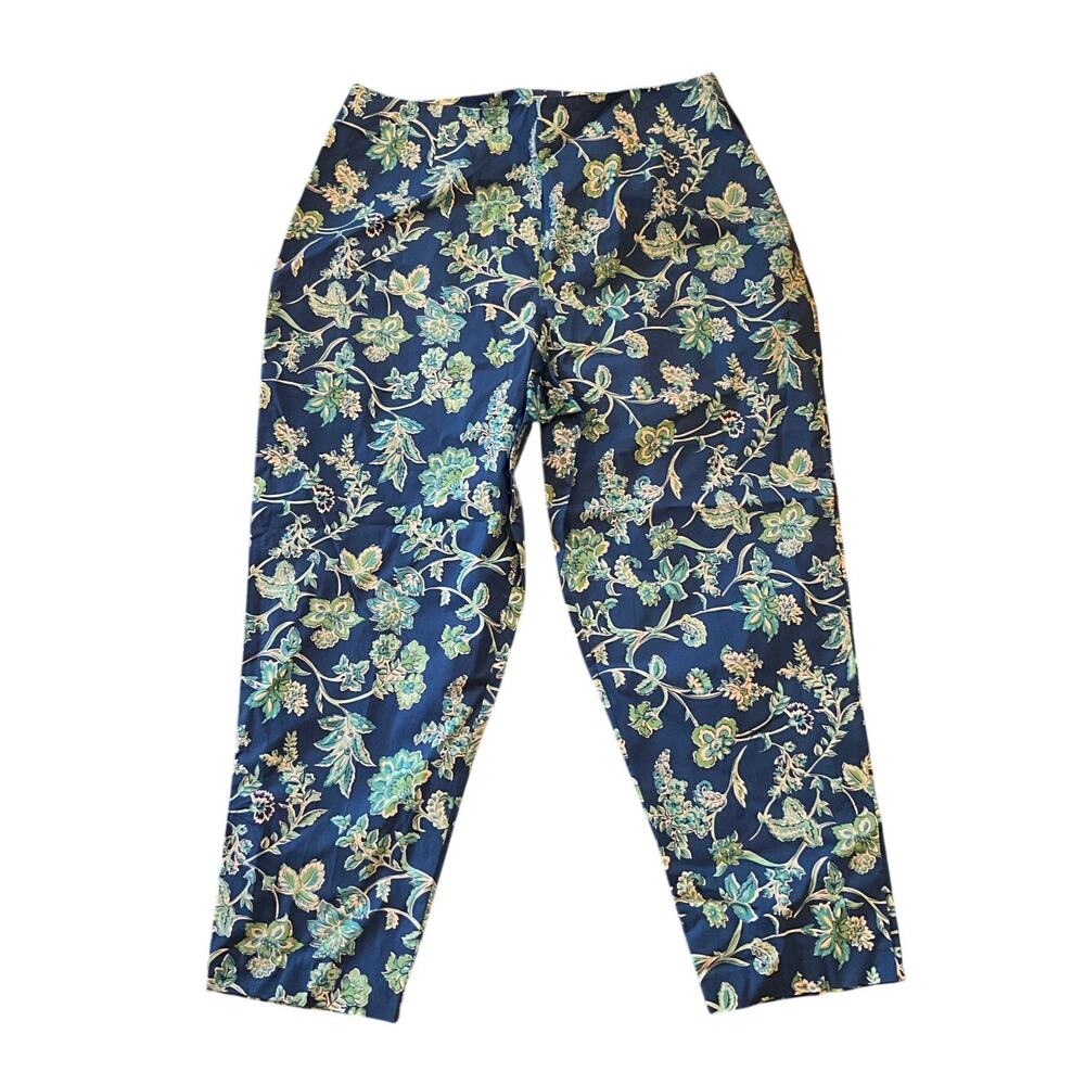 Leslie Fay Cotton Capri Pants High Rise Floral Blue/Multi Womens Size 14 NWT